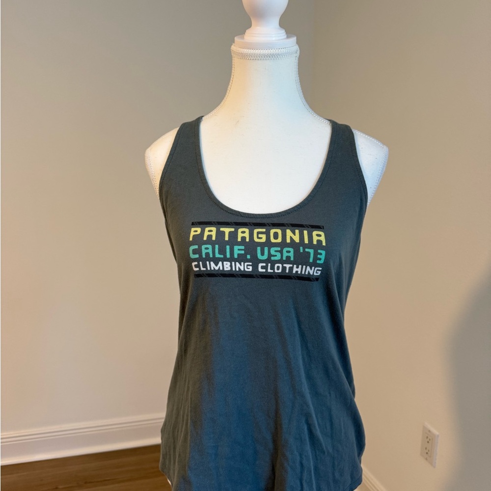 Patagonia Olive Green Racer Back Tank with Vibrant Text
